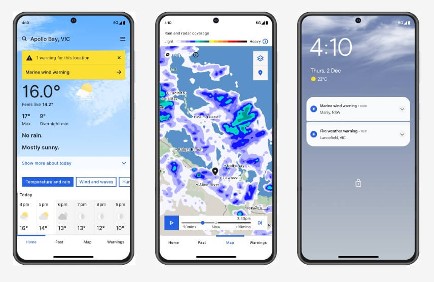 three mobile screens showing examples of the BOM weather app for users